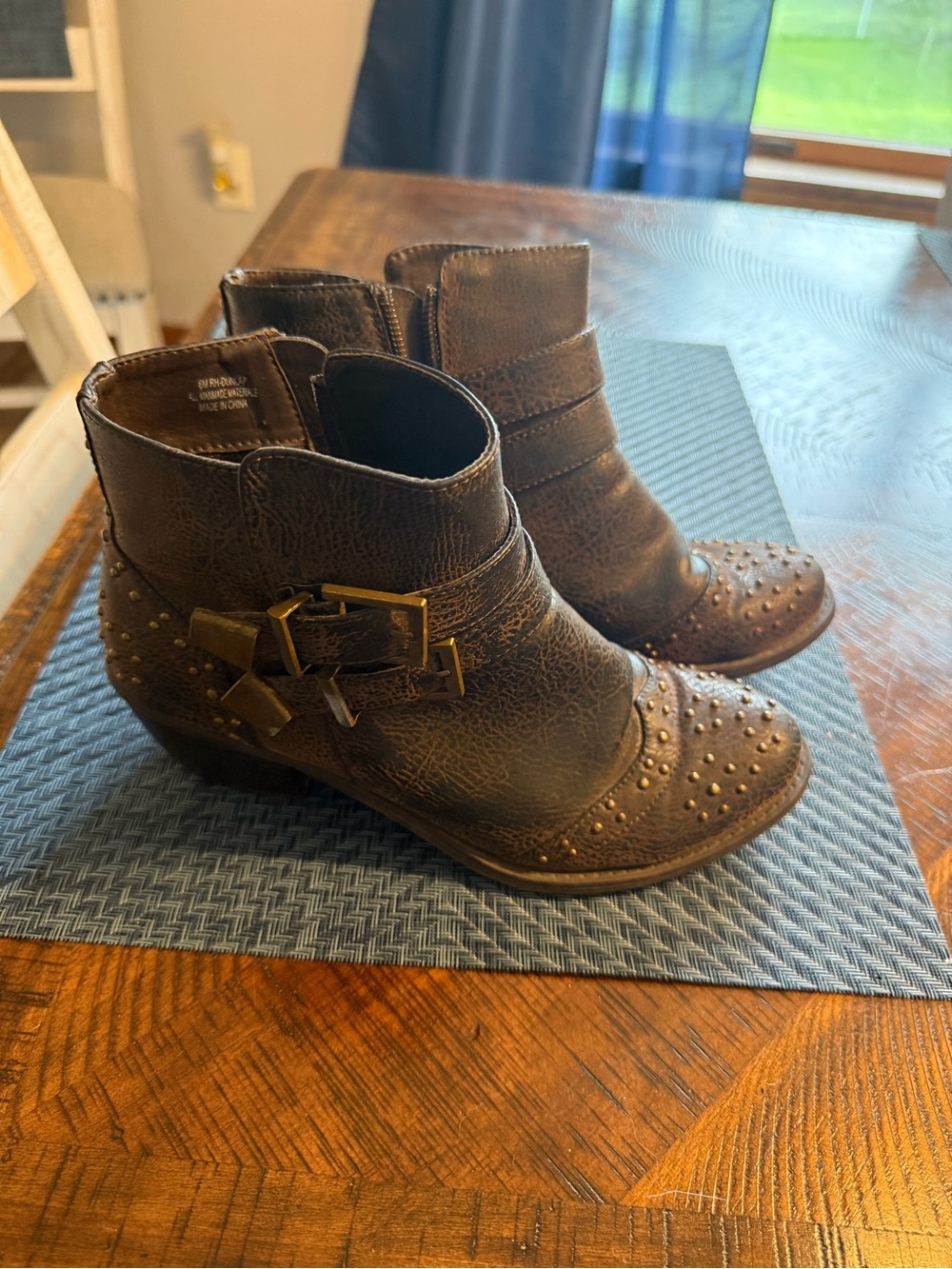 Ruff Hewn Brown Studded Leather Ankle Booties with Buckle Detail
